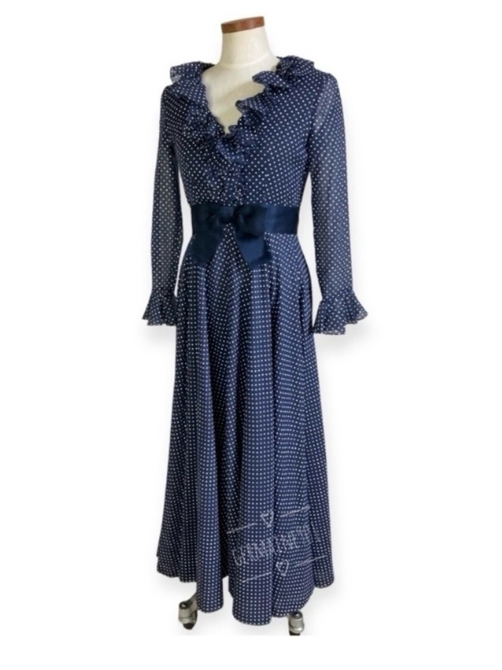 Rona New York Vintage 70s Swiss Dot Ruffle Maxi Dress
